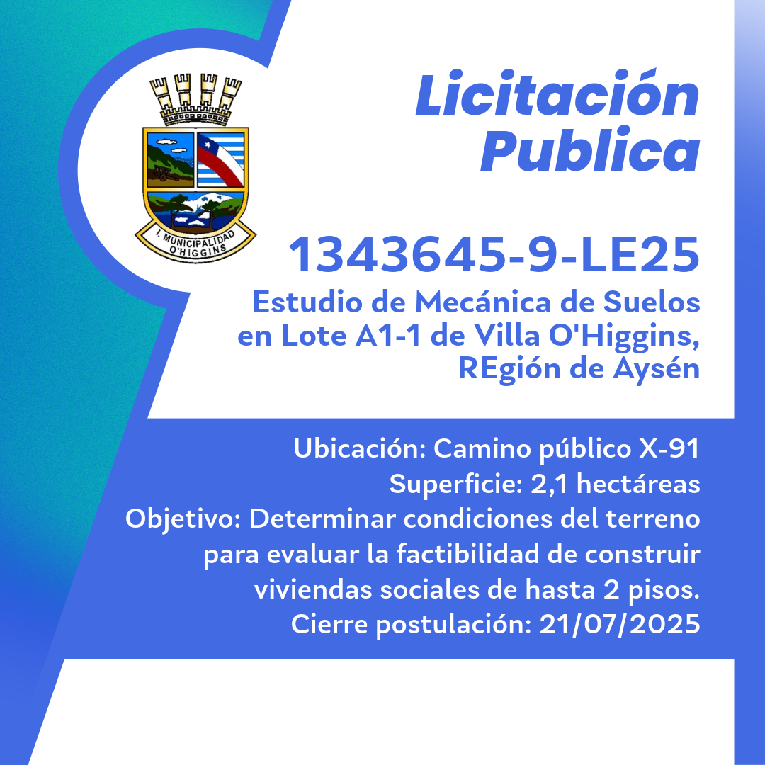 Licitación pública: ID 1343645-9-LE25            Estudio de Mecánica de Suelos Lote A1-1, Villa O’Higgins, Región de Aysén – Año 2025